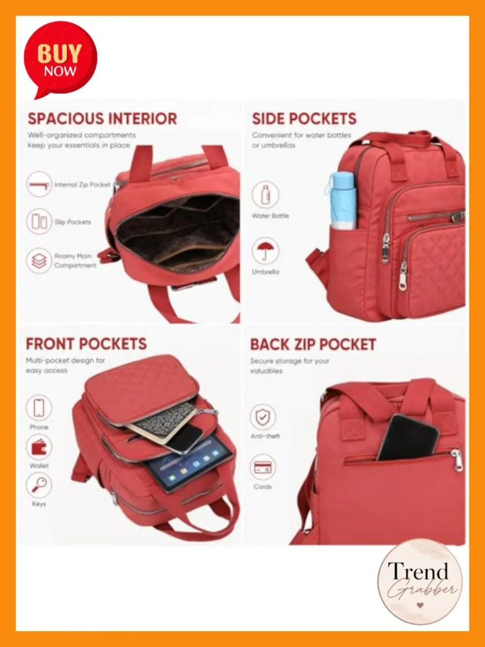 Quilted Small Backpack for Women Waterproof Multi Pocket Daypack Top Handle